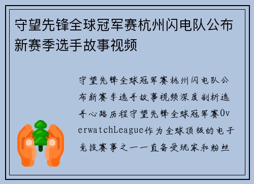 守望先锋全球冠军赛杭州闪电队公布新赛季选手故事视频