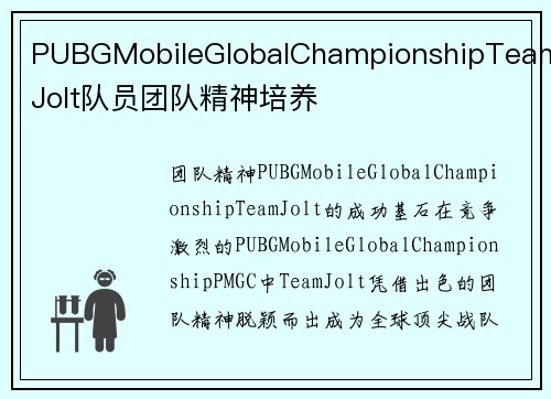 PUBGMobileGlobalChampionshipTeamJolt队员团队精神培养